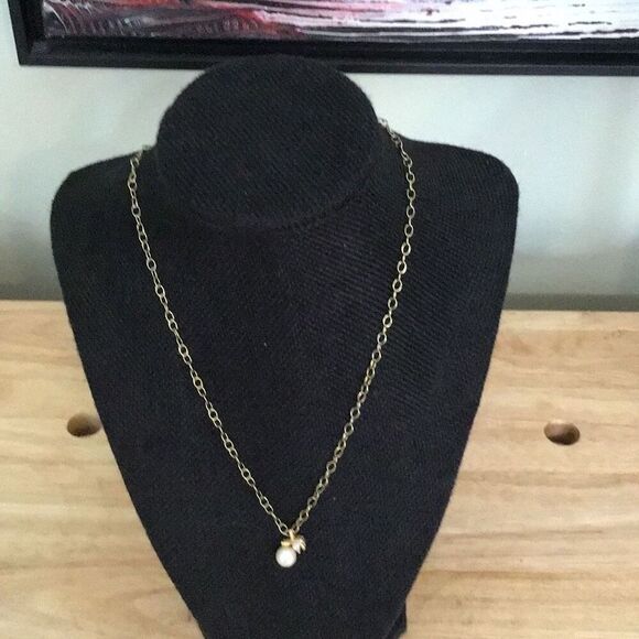 Necklace, Pearl and Rhinestone Pendant, Brass, Gold Color, 18" - Picture 3 of 6